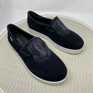 Melissa Shoes Flats 7 Kitty Cat Slip On Sneaker Black Vegan Fabric Animal Casual